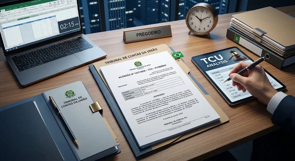 Mesa do pregoeiro eletrônico e notebook com a planilha representando analise sobre o TCU
