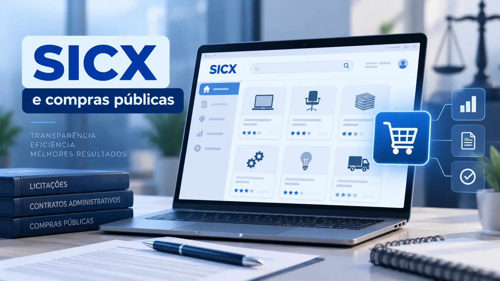 Marketplace digital representando o Sicx e compras públicas de bens e serviços padronizados.
